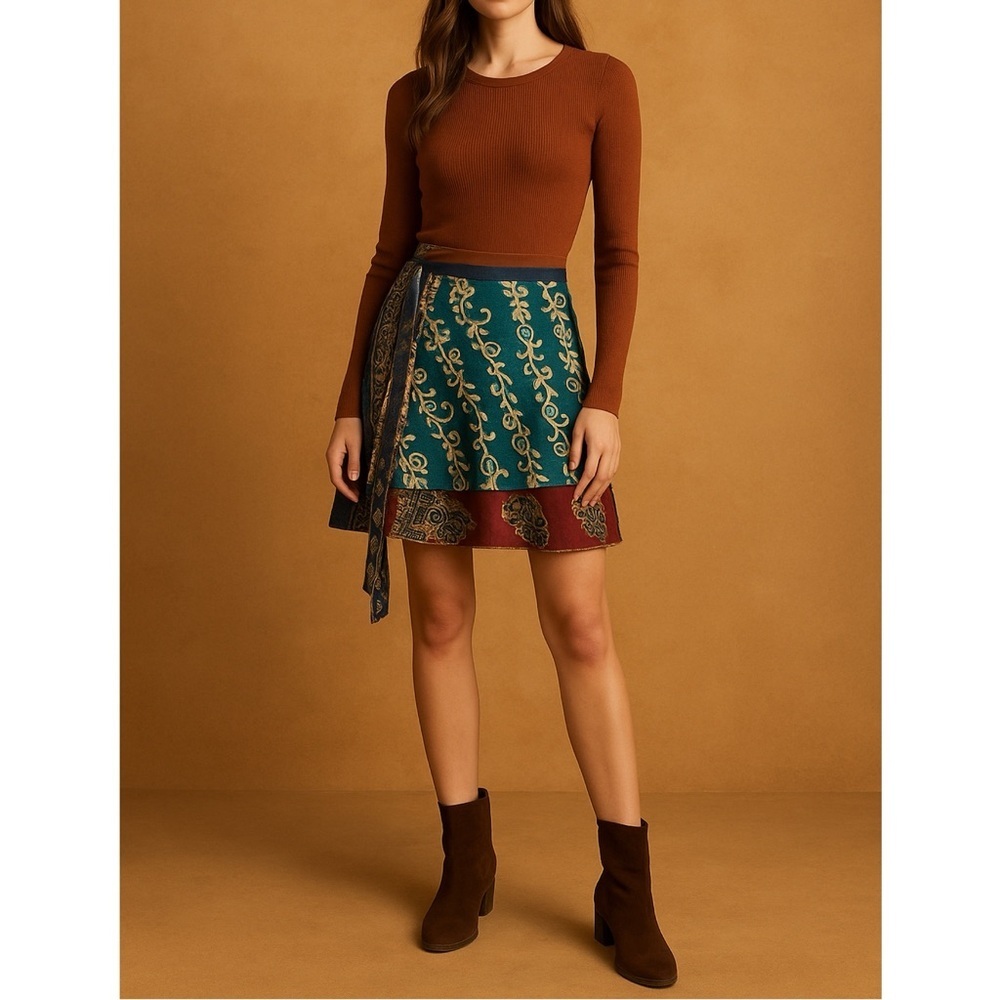 Vibrant 100% Silk Wrap Mini Skirt Reversible Boho Paisley Teal Red Print